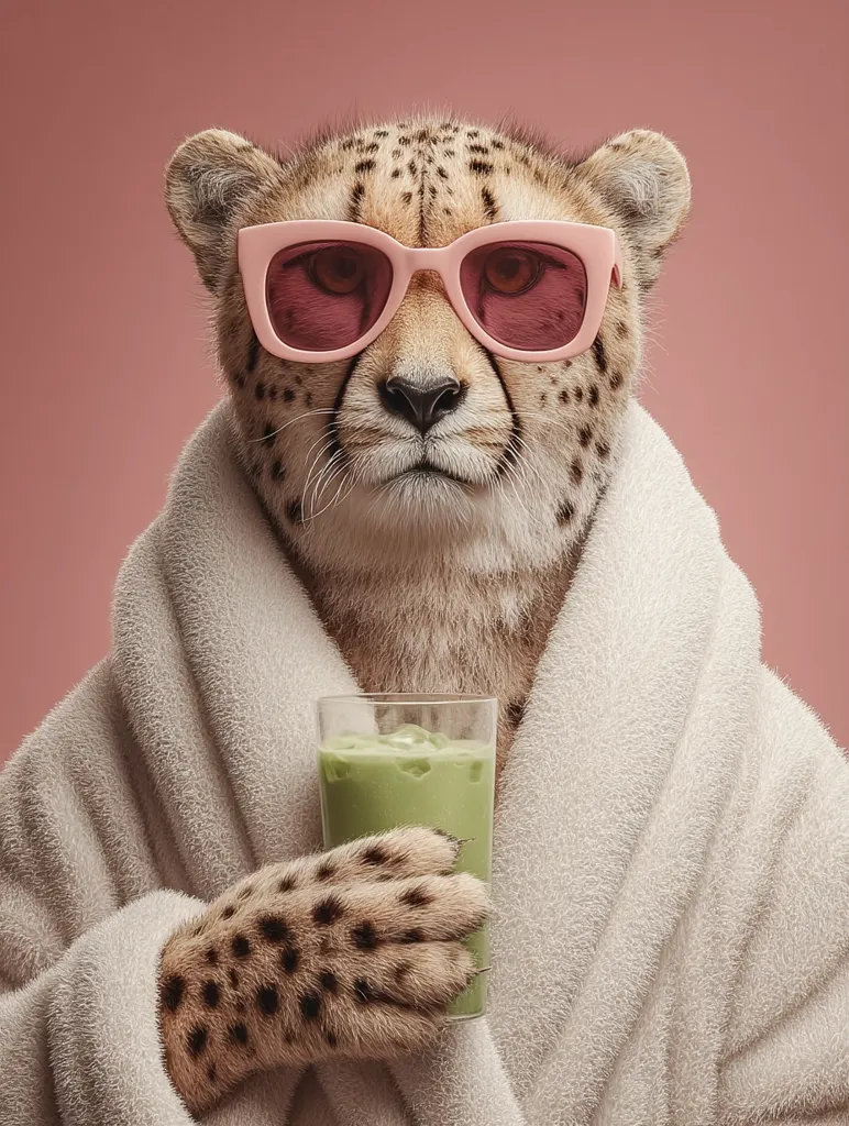 A cheetah, wearing pink sunglasses and a fluffy white bathrobe, holds a glass of green smoothie.  The cheetah's expression is serious and composed, creating a humorous juxtaposition of wild animal and spa-day relaxation. The background is a muted pink, enhancing the overall whimsical aesthetic.