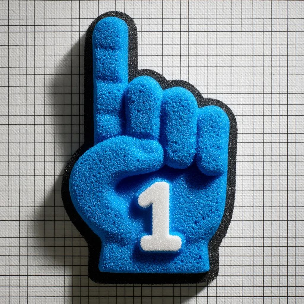 A vibrant blue foam finger, shaped like a hand with the index finger raised, proudly displays the number one in crisp white.  The finger is set against a gridded background, creating a stark contrast and highlighting its three-dimensional texture.  The foam's porous surface is clearly visible.