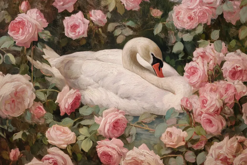 A serene oil painting depicts a graceful white swan nestled amongst a profusion of delicate pink roses. The swan's elegant posture and soft plumage contrast beautifully with the vibrant blooms, creating a harmonious blend of nature's beauty. The artist's masterful brushstrokes bring texture and depth to both the swan's feathers and the roses' petals, capturing a moment of tranquil coexistence.  The overall effect is one of peaceful elegance and romantic charm.