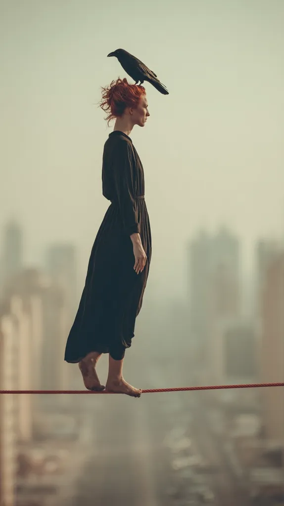A woman with vibrant red hair walks a tightrope high above a blurred cityscape.  A black crow perches delicately atop her head.  She's dressed in a long, dark dress, her posture serene and balanced. The image evokes a sense of fragility and precariousness, juxtaposing the woman's grace with the urban expanse below.