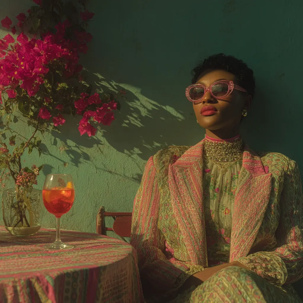 A stylish woman with short dark hair and pink sunglasses sits at a table outdoors.  She wears a pastel patterned jacket and dress. A glass of Aperol Spritz sits on the table next to a vase of flowers.  The scene is bathed in warm sunlight against a teal wall, with vibrant bougainvillea in bloom nearby.  The overall aesthetic is one of relaxed sophistication.