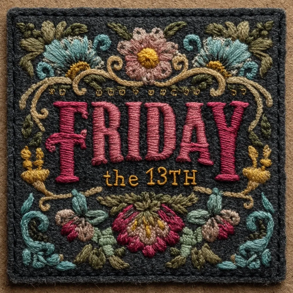 A meticulously embroidered patch showcases "Friday the 13th" in a vintage, stylized font.  The lettering is in shades of pink and red, encircled by an ornate floral border featuring detailed blossoms in various colors and swirling gold accents. The rich dark background fabric enhances the vibrancy of the embroidered design. The overall effect is one of intricate detail and artistic craftsmanship.