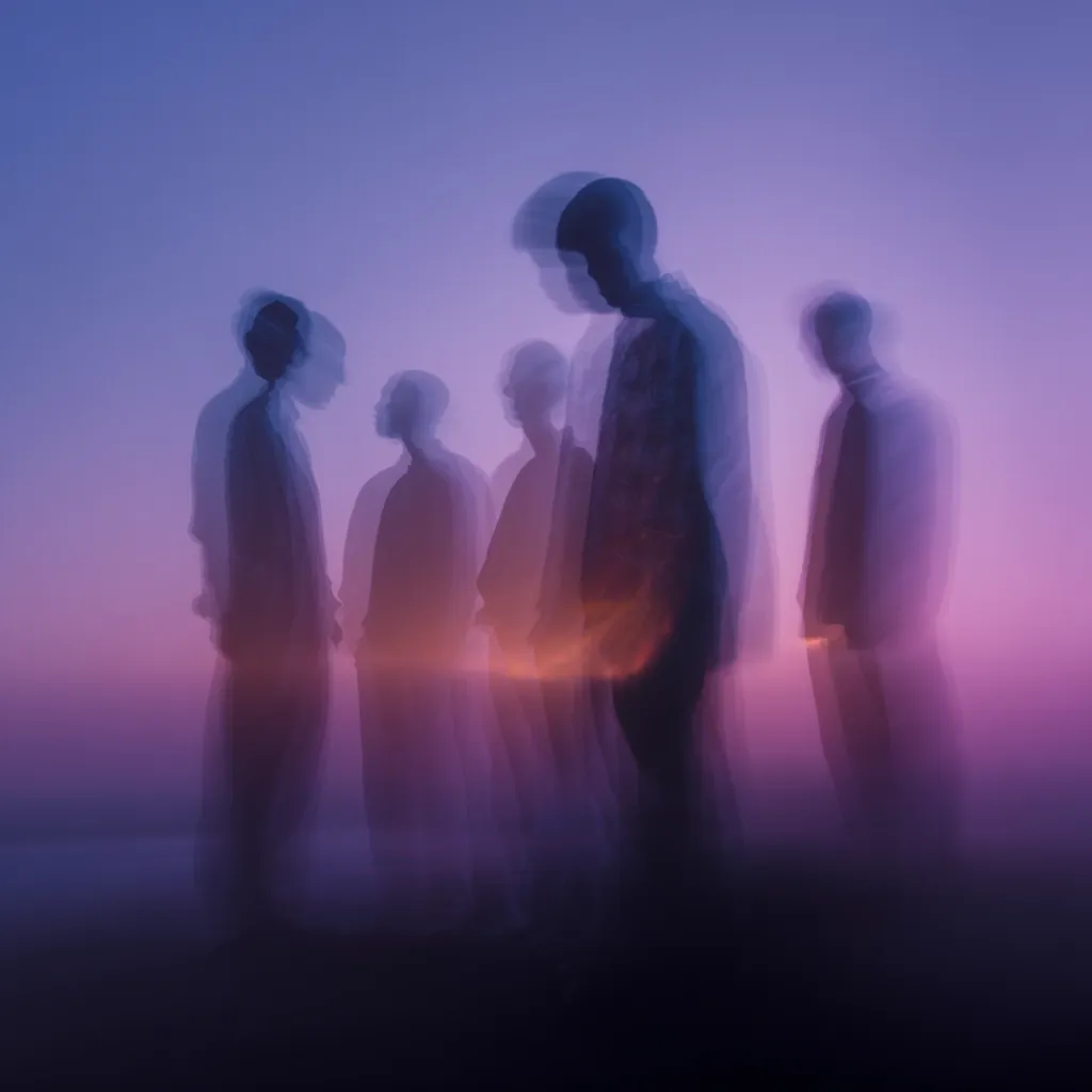 A group of five figures stand silhouetted against a vibrant purple and pink twilight sky.  Their forms are blurred and ethereal, creating a dreamlike atmosphere.  They appear to be standing close together, possibly in conversation or contemplation. The image evokes feelings of mystery, solitude, and the passage of time. The soft light and hazy silhouettes contribute to an overall sense of tranquility.