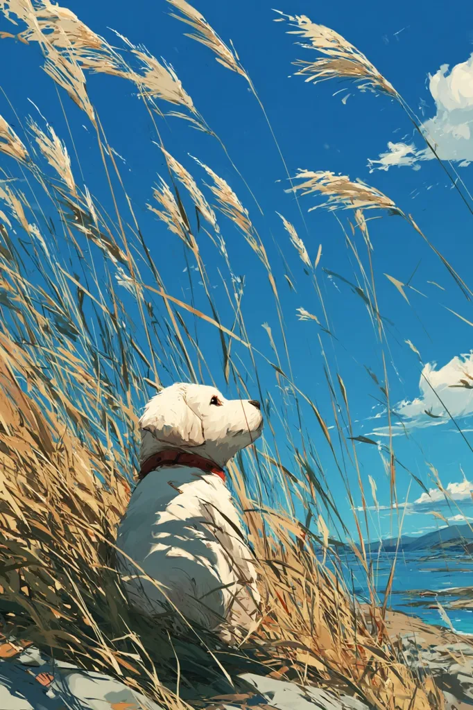 A fluffy white dog, wearing a red collar, sits amidst tall, swaying grasses under a vibrant blue sky.  The dog gazes out towards a tranquil body of water visible in the distance, suggesting a serene coastal setting. The style is painterly, with visible brushstrokes and a focus on light and atmosphere.  The overall impression is one of peace and calm.