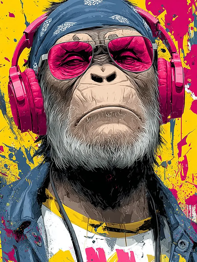 A stylized illustration of a chimpanzee wearing pink headphones, pink sunglasses, and a blue bandana.  The ape has a serious expression and a goatee. The background features vibrant yellow and pink splashes, creating a bold and colorful image. The style is graphic and reminiscent of pop art.