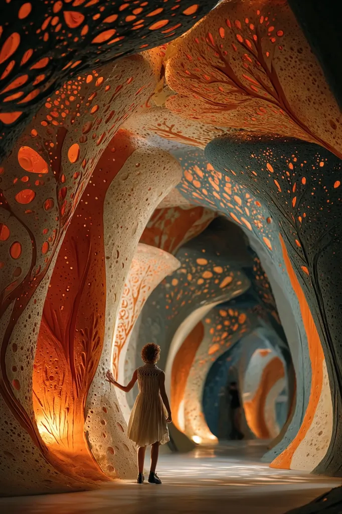 A young girl in a white dress stands within a surreal, cavernous space. The walls are sculpted with intricate, organic patterns in warm oranges and cool blues, resembling tree branches and porous textures.  The interior is softly lit, casting a warm glow on the sculpted forms.  The scene is dreamlike and otherworldly, creating a sense of wonder and mystery.