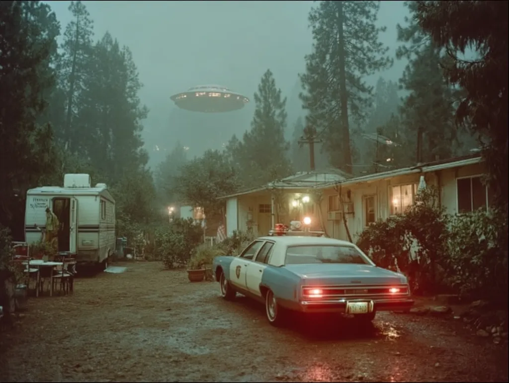 A misty night scene unfolds with a UFO hovering above a quiet residential area. A police car is parked in front of a house, its lights flashing, suggesting an ongoing investigation. A camper van is visible nearby, adding to the mysterious atmosphere. The overall tone is eerie and suspenseful, hinting at an extraterrestrial encounter in a secluded setting.  Tall trees surround the houses, emphasizing the isolated location.