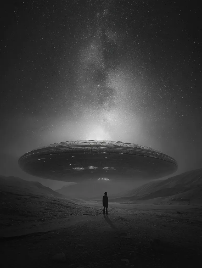 A grayscale image depicts a lone figure standing on a desolate, extraterrestrial landscape beneath a hovering, unidentified flying object (UFO). The Milky Way stretches across the night sky, casting a dramatic backdrop. The scene evokes a sense of mystery and awe, suggesting an encounter with otherworldly visitors. The figure's small size emphasizes the vastness of the spaceship and the alien environment.  The overall mood is one of quiet contemplation and perhaps apprehension.