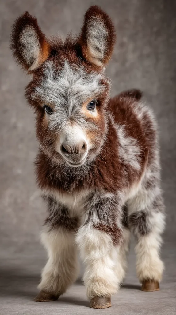An adorable miniature donkey foal stands against a neutral gray background.  Its coat is a mix of brown and white, creating a unique spotted pattern.  The foal's large ears and fluffy fur enhance its charming appearance. Its expressive eyes and sweet expression make it incredibly endearing.  The image is sharply focused, showcasing the animal's soft texture and delicate features.