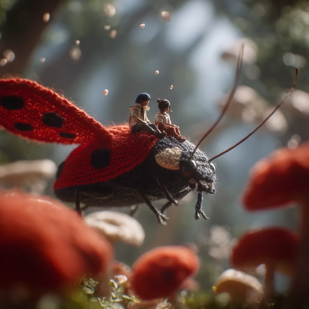 Two miniature figures, a boy and a girl, sit atop a large, crocheted ladybug.  The ladybug is in flight, soaring above a field of vibrant red mushrooms.  Tiny white specks float in the air, adding to the whimsical, fairy-tale-like scene.  The overall aesthetic is one of handcrafted charm and gentle adventure.