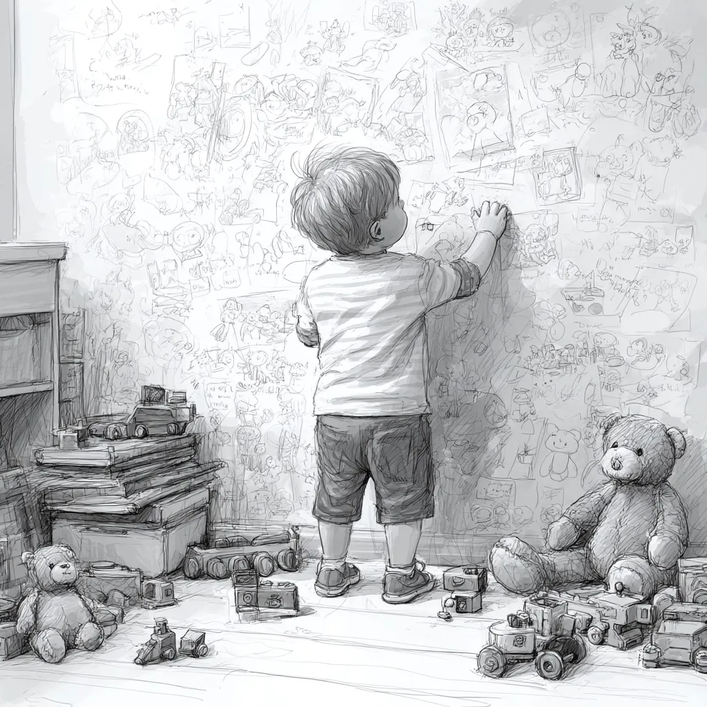 A young child, seen from behind, adds to a wall covered in drawings.  The wall is a vibrant tapestry of sketches, ranging from simple figures to more detailed scenes.  Surrounding the child are numerous toys, including teddy bears, toy cars, and wooden blocks, scattered on the floor. The scene is rendered in grayscale, lending it a nostalgic and slightly melancholic quality. The overall impression is one of childhood creativity and imagination.