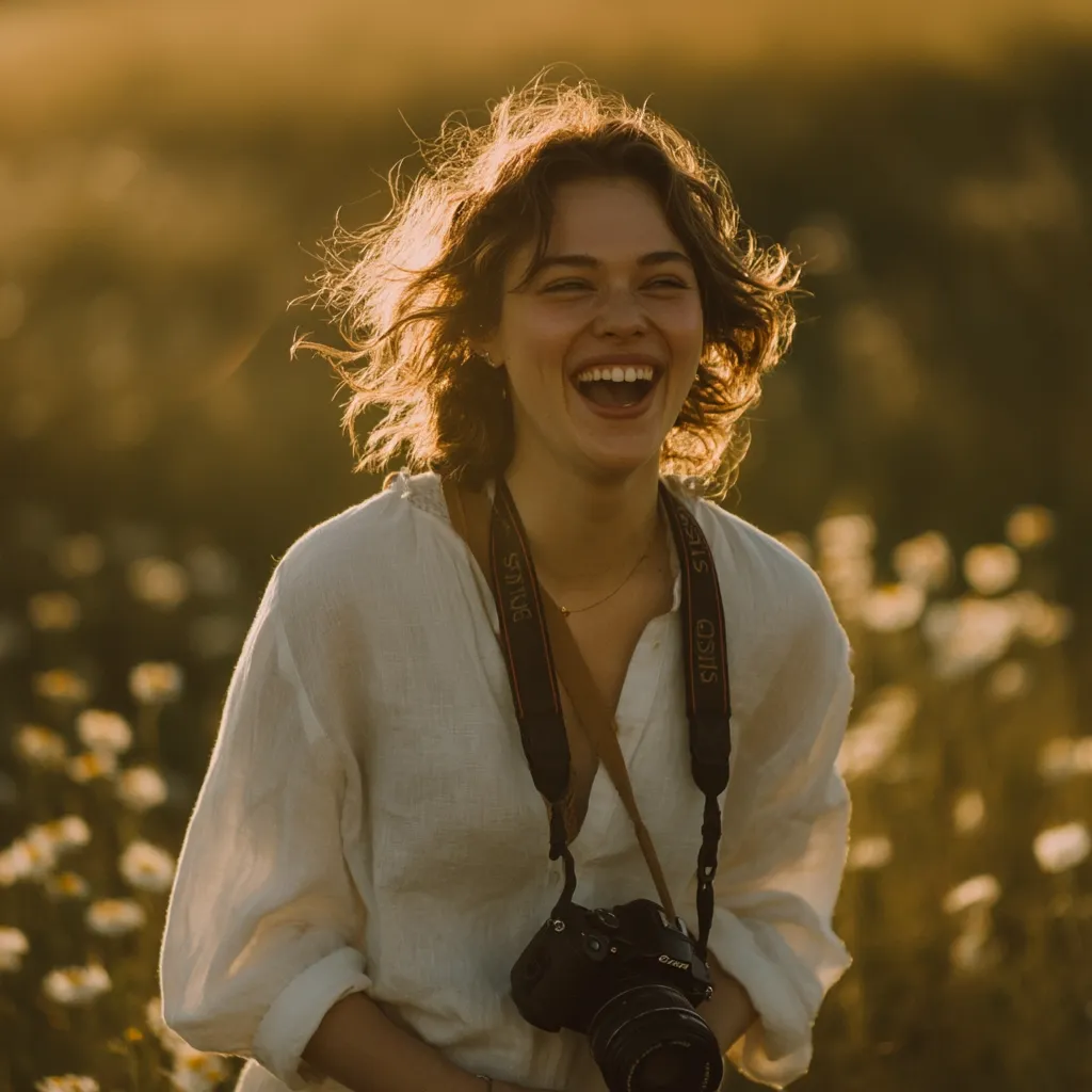 A young woman with short, curly brown hair laughs joyfully in a field of wildflowers.  Golden sunlight illuminates her face and the surrounding landscape. She wears a loose, white shirt and carries a camera around her neck, suggesting a carefree and adventurous spirit.  The overall mood is warm, happy, and peaceful.
