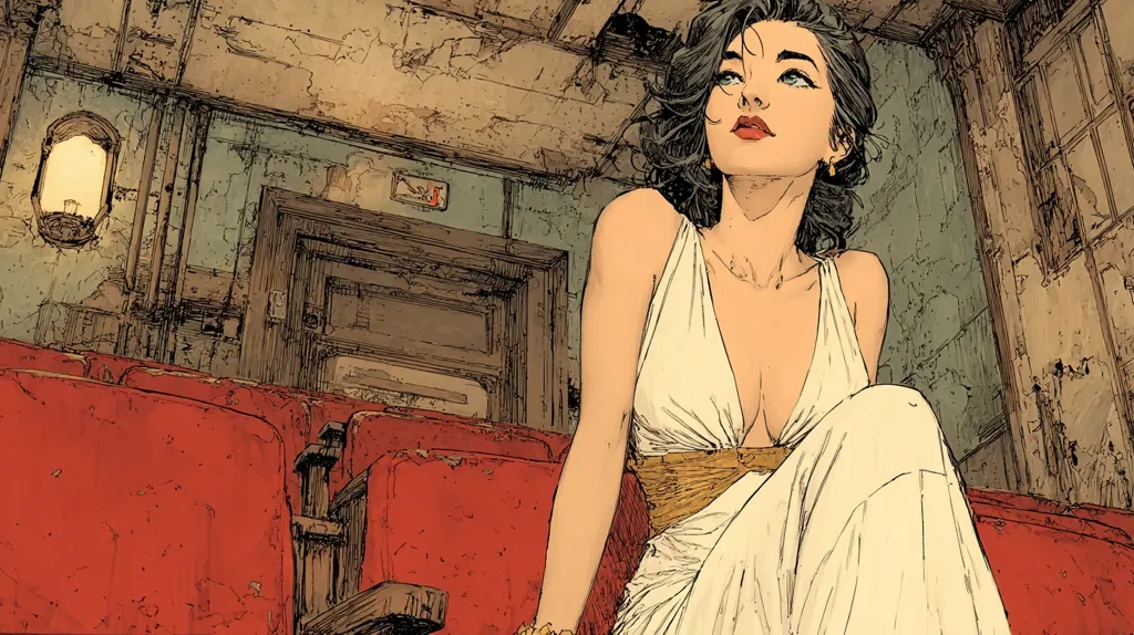 A stylized illustration depicts a woman with dark, wavy hair, wearing a white, low-cut gown cinched at the waist with a gold belt.  She sits pensively in a dilapidated, red-seated theater, her gaze directed upward. The setting is aged and worn, suggesting a sense of history and decay.  The artistic style is detailed and reminiscent of graphic novels or comic books.