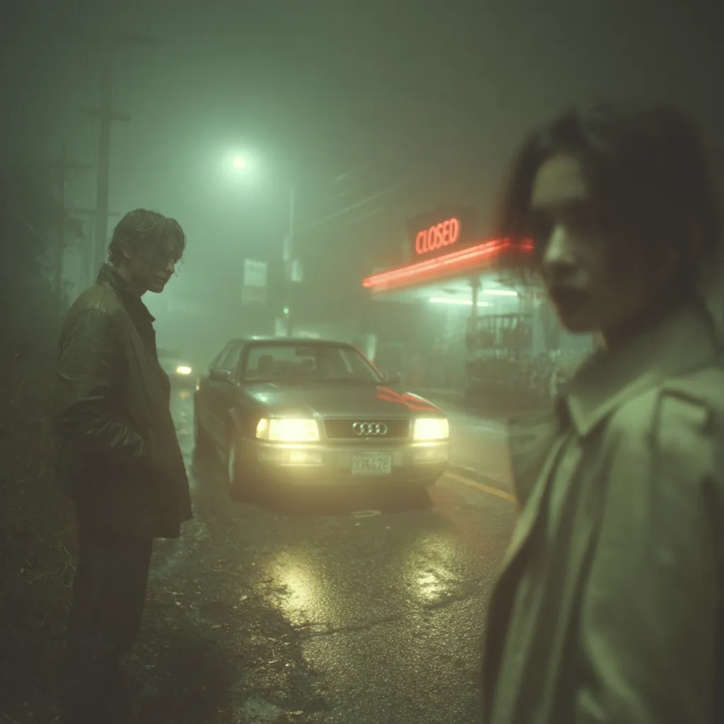A misty night scene unfolds, featuring two figures standing on a rain-slicked street. A man in a leather jacket stands near a silver Audi sedan parked in front of a closed gas station with a neon sign.  A second person, partially obscured, observes the scene. The overall atmosphere is moody and atmospheric, dominated by muted green and yellow hues from the streetlights and car headlights.