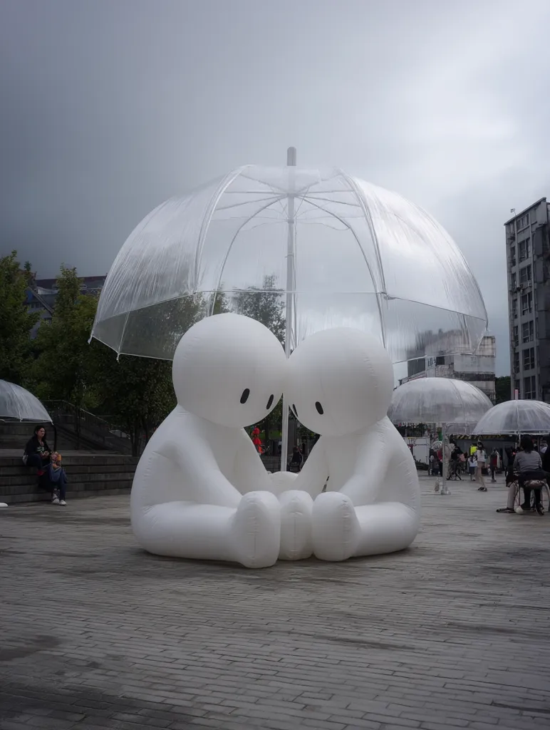 Two large inflatable white figures sit under a transparent umbrella in a city square.  Rain falls gently.  Smaller umbrellas are visible in the background, and people stroll nearby. The figures are simple, almost childlike in design, creating a serene yet somewhat melancholic mood under the overcast sky. The scene is peaceful and subtly whimsical.
