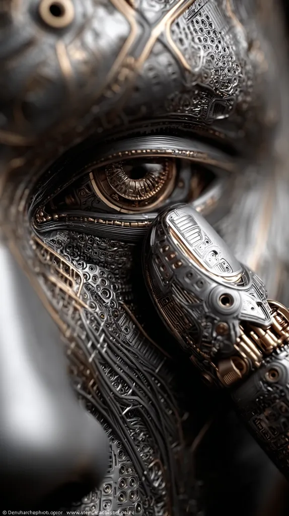 A close-up reveals a meticulously crafted metallic face, its surface a complex network of gears, wires, and intricate designs.  The eye, a captivating detail, is similarly constructed with metallic components, hinting at a robotic or biomechanical being.  Gold accents highlight the intricate detailing, creating a striking contrast against the predominantly silver and grey tones. The overall effect is one of stunning detail and futuristic artistry.