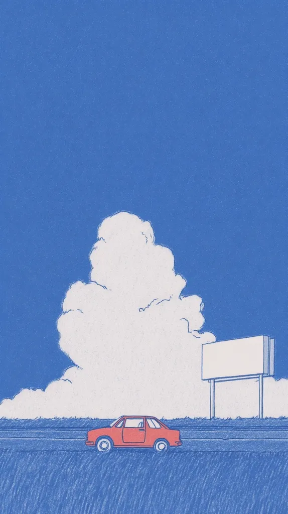 A minimalist illustration depicts a red car driving on a road beneath a vibrant blue sky.  A large, fluffy white cloud dominates the middle ground, while a blank billboard stands to the right. The simple lines and muted color palette create a serene and peaceful atmosphere, suggesting a journey or open road theme.