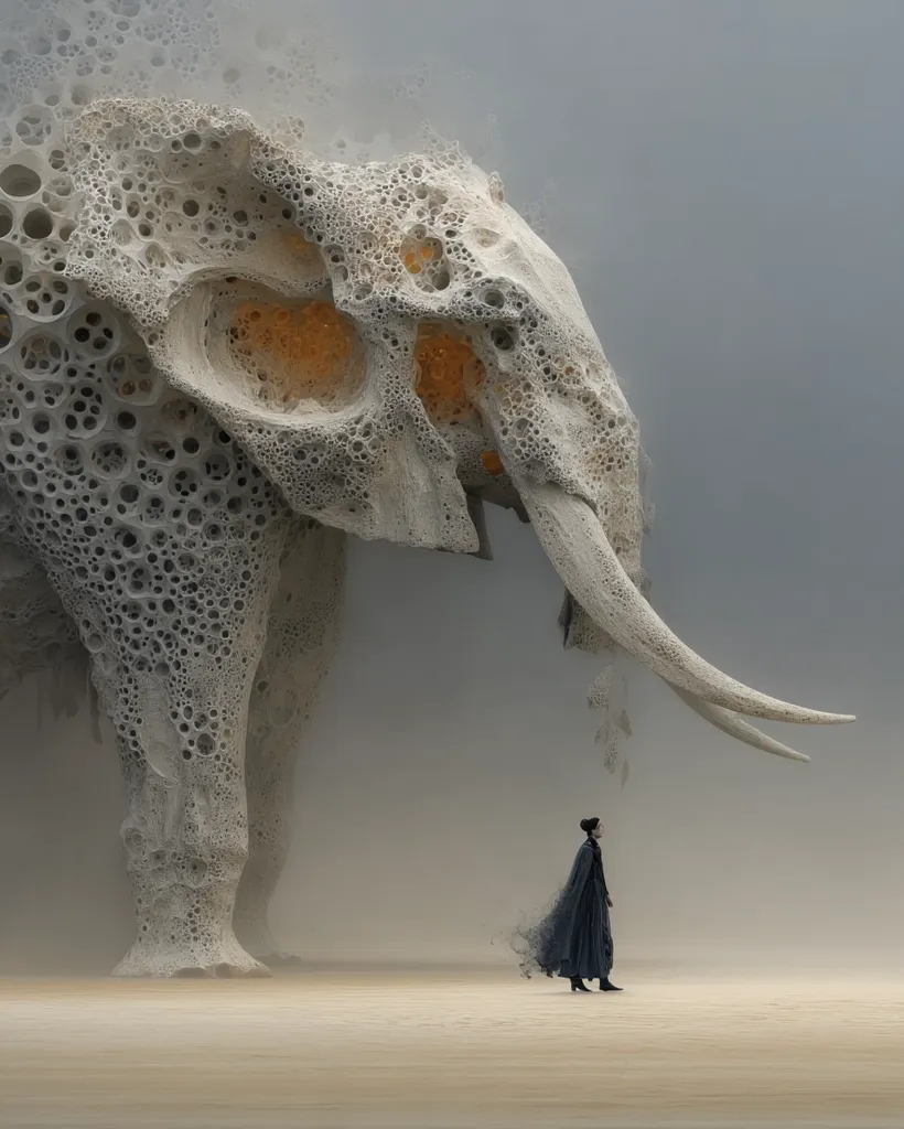 A lone figure in a dark cloak stands before a colossal, porous elephantine structure in a desolate, misty landscape.  The elephant, seemingly made of eroded stone or bone, is riddled with holes, giving it a surreal and otherworldly appearance.  The scene evokes a sense of mystery and scale, highlighting the insignificance of the human figure against the backdrop of this immense, decaying behemoth.