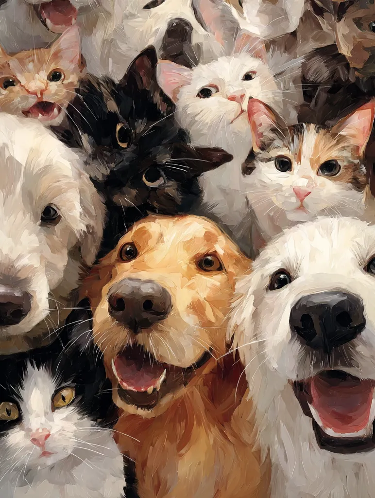 A lively painting depicts a multitude of dogs and cats clustered together, their faces prominently displayed.  Golden retrievers, white fluffy dogs, and a variety of cats, including a black cat and calico, fill the frame.  All the animals appear happy and playful, creating a cheerful, slightly chaotic scene. The painting style is expressive and textured, reminiscent of impasto techniques.