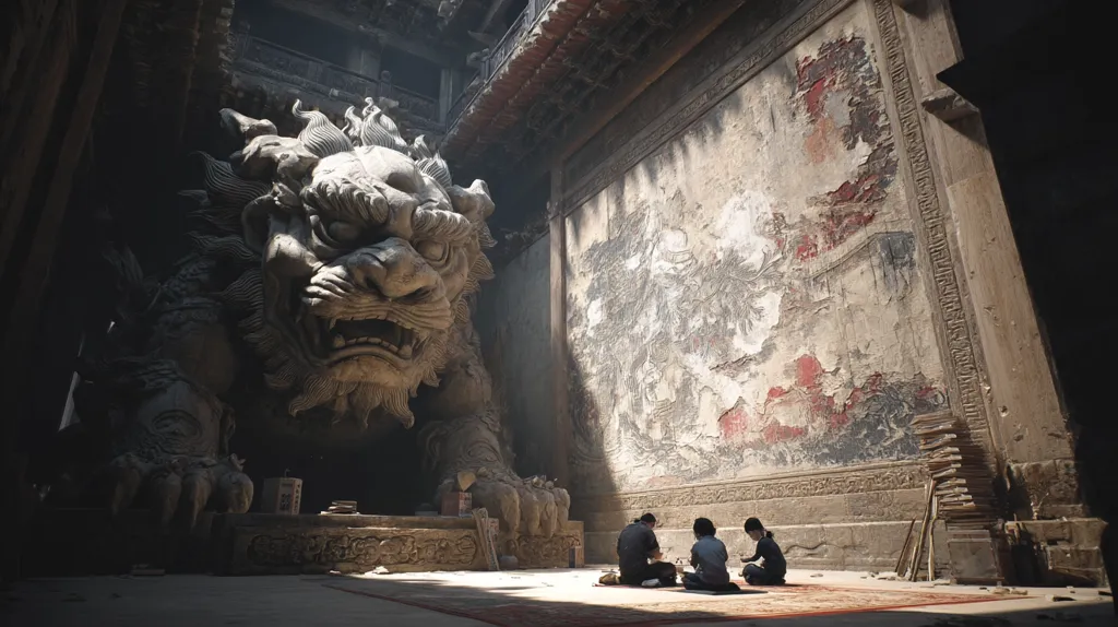 A colossal stone lion dominates a dimly lit ancient chamber.  Three figures sit on a rug, seemingly engaged in a quiet activity, dwarfed by the immense statue.  A weathered mural, partially obscured by decay, adorns the wall, adding to the scene's historical atmosphere.  The overall impression is one of age, mystery, and the passage of time within a grand, forgotten space.