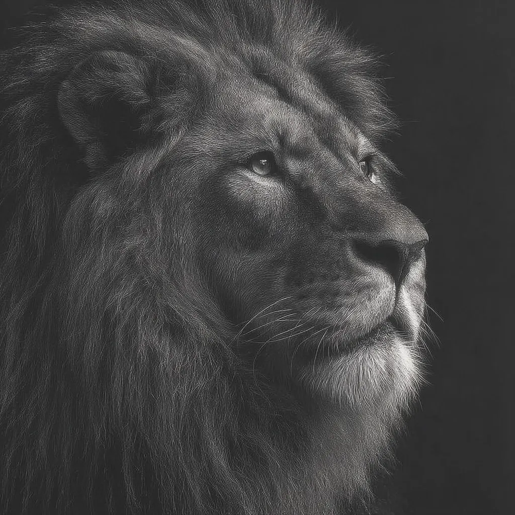 A majestic lion's profile is captured in a striking monochrome drawing.  The image emphasizes the lion's powerful features, from its thick, flowing mane to its intense gaze.  The detailed shading creates a sense of depth and texture, highlighting the individual hairs and the subtle curves of its face. The dark background isolates the subject, drawing attention to its regal presence. The artwork evokes a feeling of strength, dignity, and quiet contemplation.