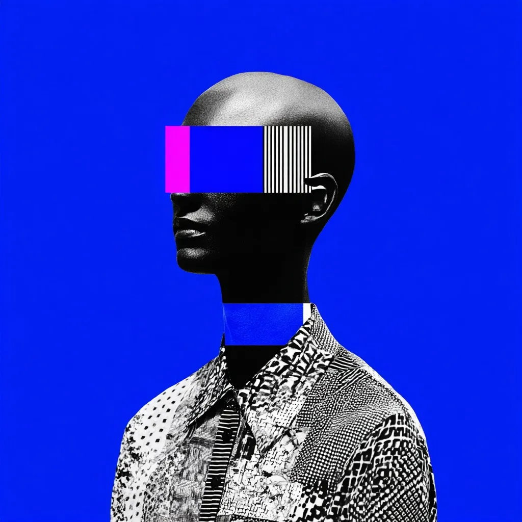 A striking digital collage features a bald, dark-skinned individual in profile against a vibrant blue backdrop.  Geometric shapes in bright pink, blue, and black overlay the head, creating a fragmented and modern aesthetic. The subject wears a patterned shirt with a black and white design, contrasting with the bold colors of the overlay. The image is bold and graphic, suggesting themes of identity, technology, or modern art.