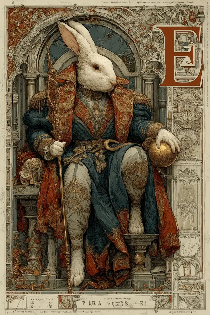 A regal white rabbit sits upon an ornate throne, holding a golden orb and a staff.  Dressed in richly embroidered robes and a crown, the rabbit exudes power and majesty.  The image is framed by elaborate, Art Nouveau-style details, including a large, decorative letter "E".  The style suggests a fantastical, allegorical representation of royalty or leadership.  The overall aesthetic is highly detailed and reminiscent of vintage illustrations.