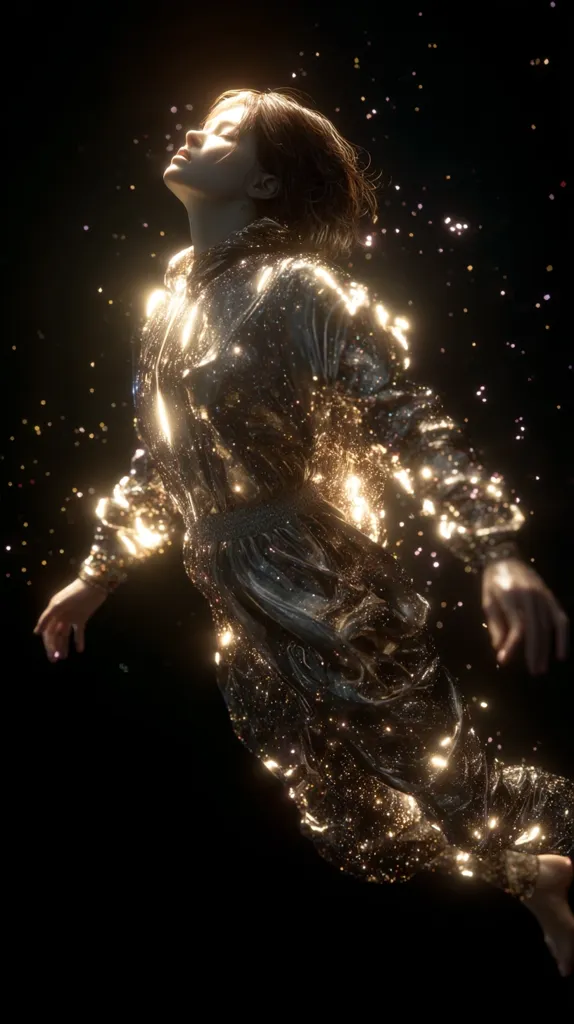 A woman in a glittering gold jumpsuit floats against a black background speckled with golden particles.  Her head is tilted back, eyes closed, as if in a dreamlike state.  The image is dark and dramatic, with the golden light highlighting the woman's form and creating a sense of ethereal beauty and otherworldliness. The overall effect is surreal and captivating.