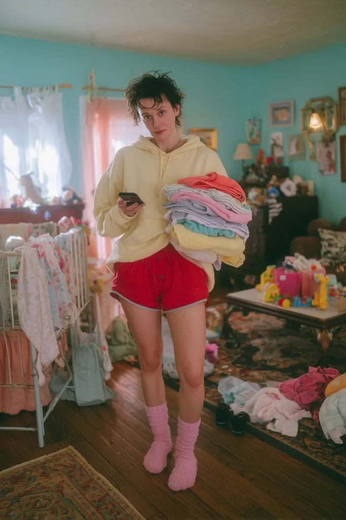 A young woman with short dark hair stands in a cluttered room, holding a stack of folded clothes. She wears a pale yellow hoodie, red shorts, and fluffy pink socks.  The room is messy, with baby clothes and toys scattered around a crib and coffee table. She looks directly at the camera while holding a cell phone in her other hand. The overall atmosphere suggests a busy, possibly overwhelmed, young parent.