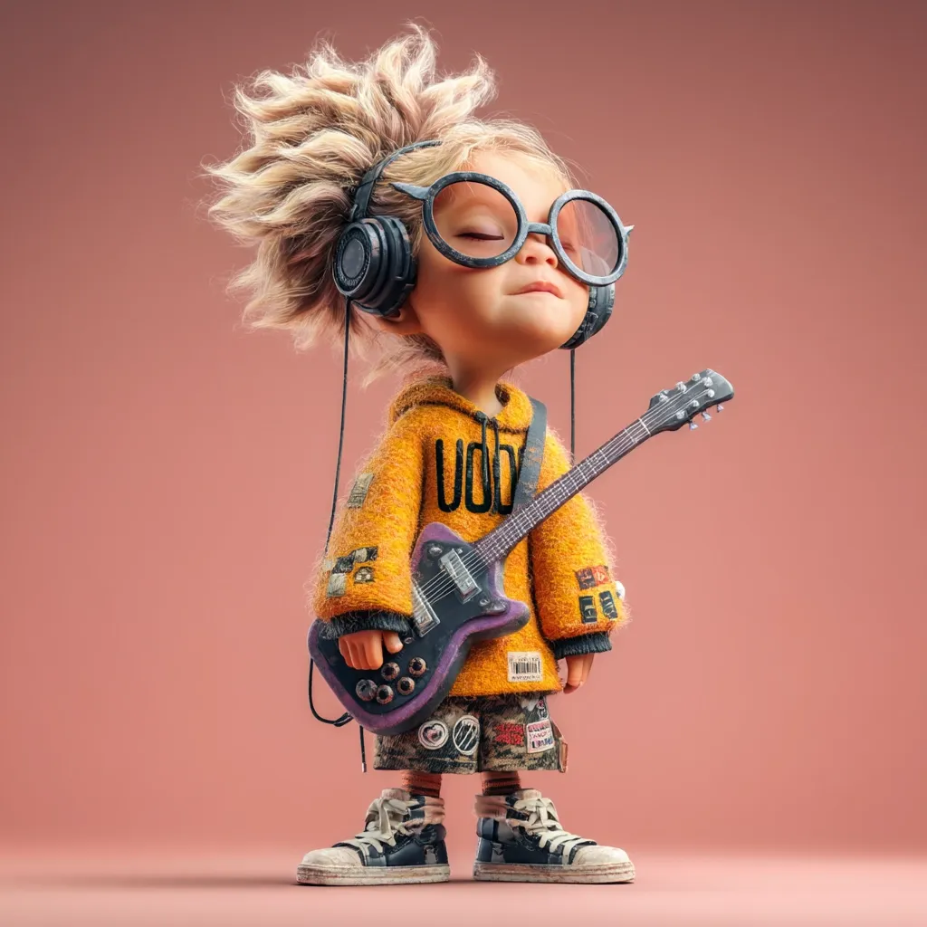 A 3D-rendered cartoon child, with spiky blonde hair, oversized glasses, and headphones, stands serenely holding a small electric guitar.  The child wears a yellow hoodie adorned with patches and camouflage shorts.  The overall aesthetic is playful and slightly grunge, with a focus on vibrant colors and textured clothing. The background is a muted pink.
