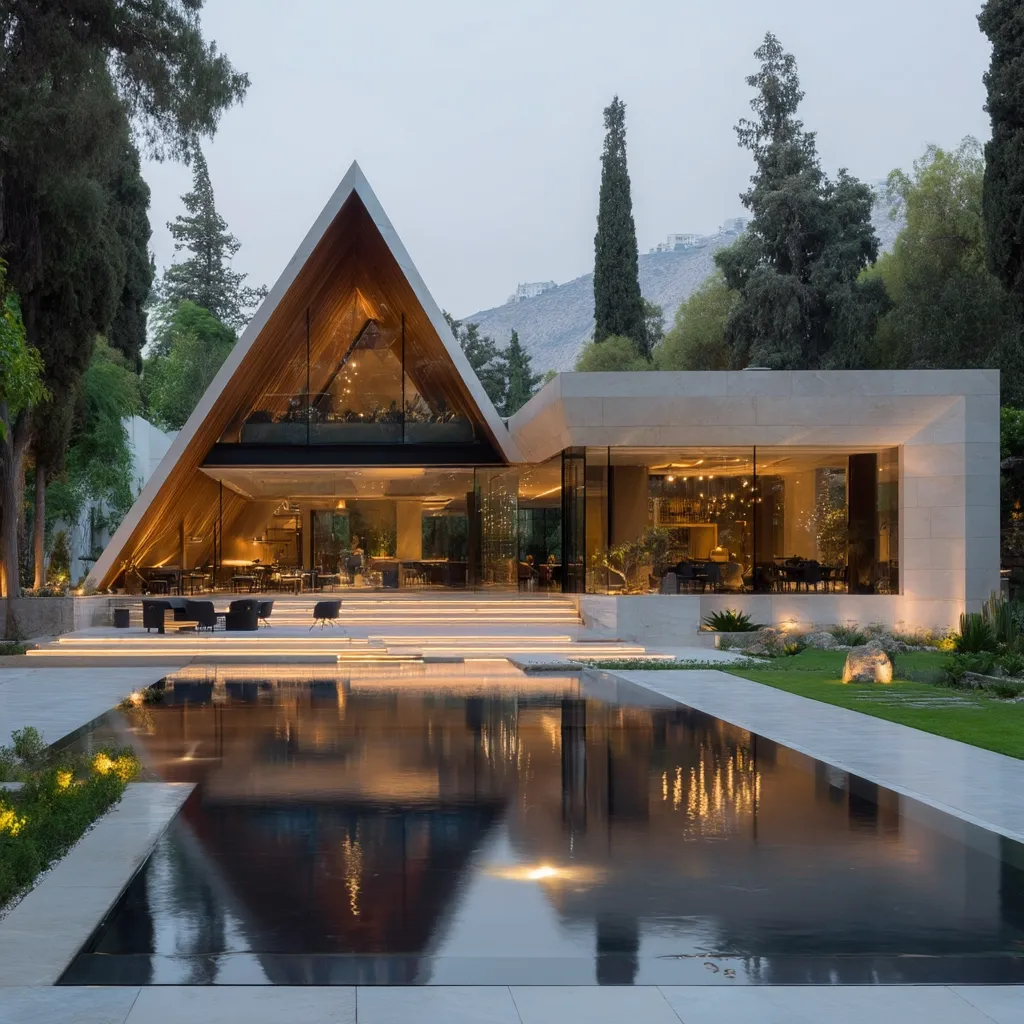 A modern, A-frame house with extensive glass windows is nestled amidst lush greenery.  The structure features a large, rectangular pool reflecting the warm interior lighting.  Steps lead down from the house to the water, and the landscape is meticulously manicured.  Mountains are visible in the distance, creating a serene and luxurious backdrop.  The architecture is striking, combining natural wood with sleek, light-colored stone.