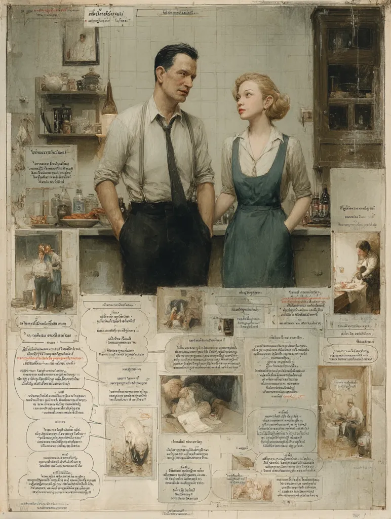 A large, detailed painting depicts a man and woman in a 1940s-style kitchen.  The man, in suspenders and a tie, stands opposite a woman in a simple dress. Surrounding the central figures are numerous smaller scenes and text panels in Thai, creating a multi-layered narrative. The style is reminiscent of photorealistic illustration, capturing both the characters' expressions and the atmosphere of the setting.  The overall impression is one of storytelling and intimate detail.