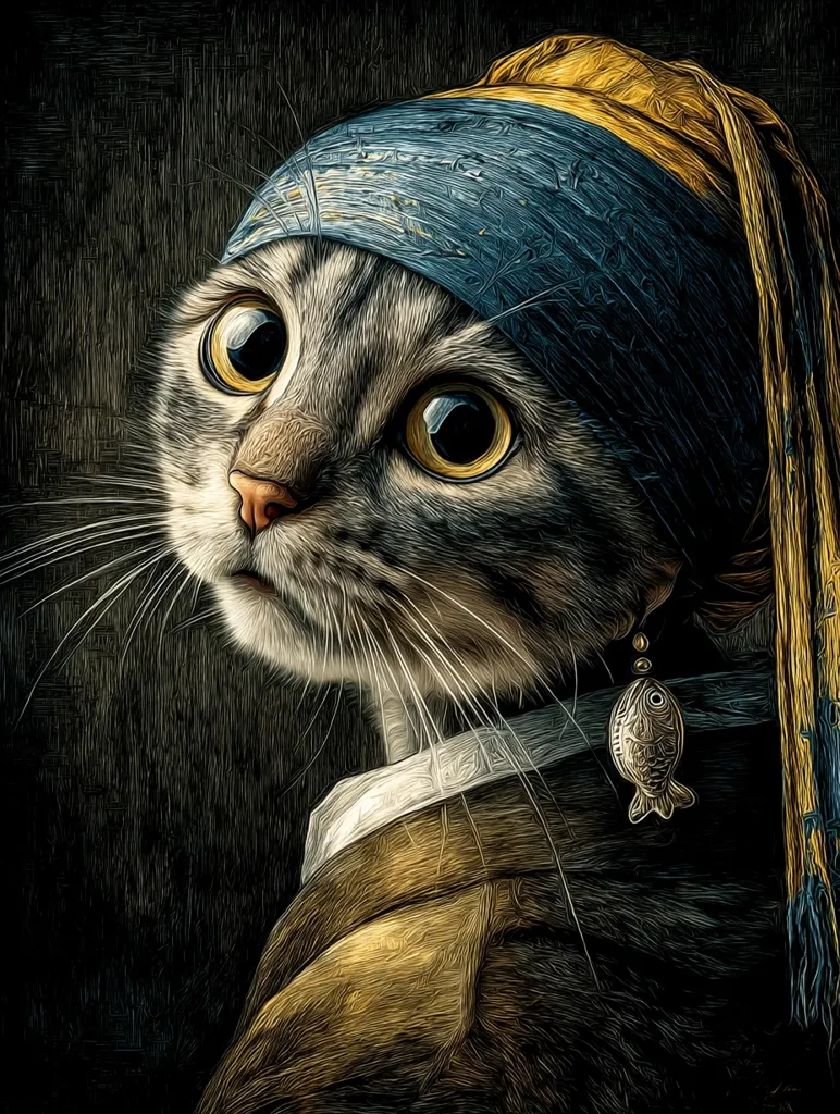A gray tabby cat is depicted in a parody of Johannes Vermeer's "Girl with a Pearl Earring."  The cat wears a blue and gold head covering, reminiscent of the girl's headdress, and a brown jacket.  A small fish-shaped pendant hangs from its neck. The artistic style mimics Vermeer's impasto technique, creating a rich, textured effect. The cat's large, expressive eyes are the focal point.