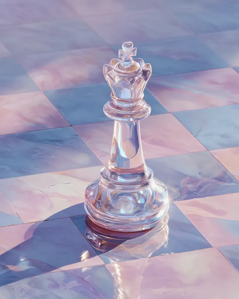 A glass chess queen stands on a pastel-colored chessboard.  The queen is translucent, reflecting the soft light, creating a dreamy, ethereal atmosphere. The board's tiles shimmer with pink and purple hues, enhancing the piece's delicate beauty.  The scene evokes a sense of calm and quiet contemplation.