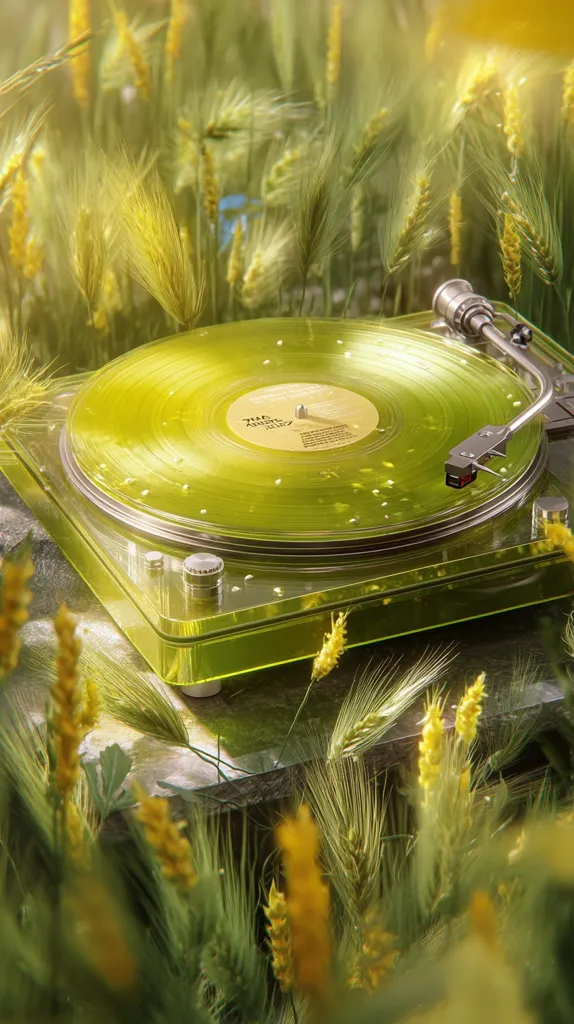A vibrant yellow vinyl record player sits amidst a field of golden wheat.  The translucent, lime-green turntable houses a bright yellow record, adding to the sun-drenched aesthetic.  The scene is bathed in warm, golden light, creating a serene and idyllic atmosphere. The overall impression is one of summery calmness and nostalgic beauty.