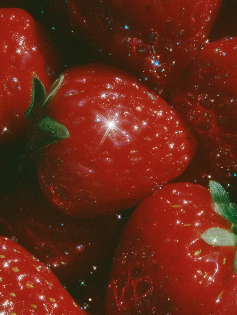 A close-up shot reveals a cluster of juicy, red strawberries, glistening with an ethereal, sparkly effect.  The vibrant color and texture are emphasized, creating a visually appealing and almost surreal image. The strawberries appear plump and ripe, nestled closely together.  A subtle, dark background enhances the strawberries' brilliance.