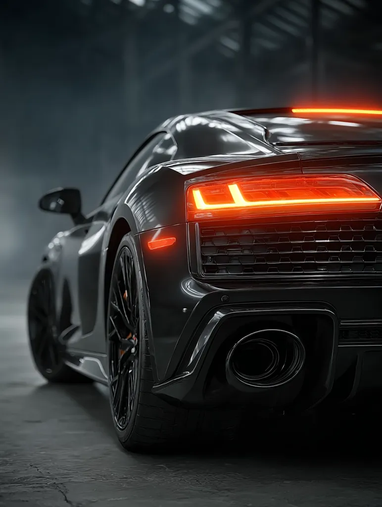 A rear view of a sleek, black sports car parked in a dimly lit industrial setting.  The car's taillights glow brightly, highlighting its aerodynamic design and powerful exhaust.  The image emphasizes the vehicle's luxurious details and aggressive stance. The dark background creates a dramatic contrast, focusing attention on the car's curves and powerful presence.