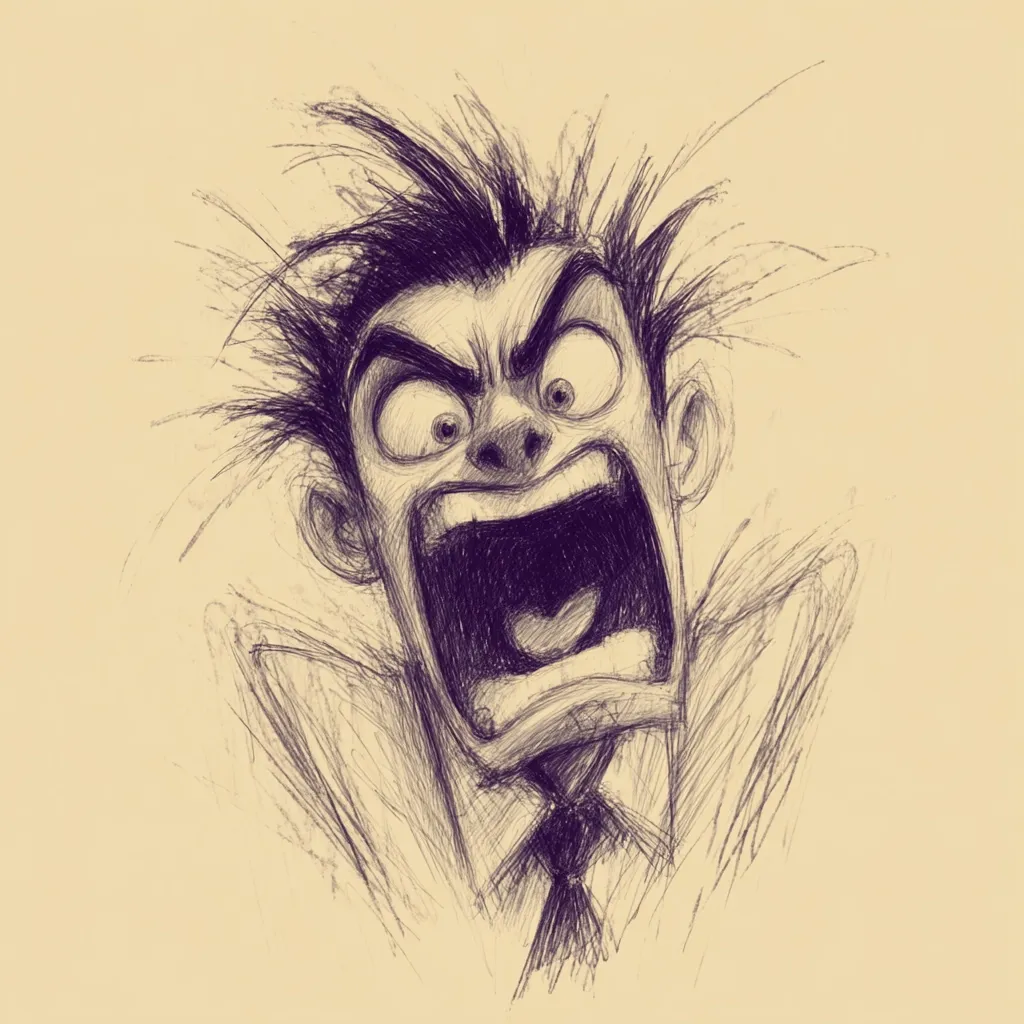 A sketched caricature of a man's head and shoulders. He has spiky hair, furrowed brows, wide eyes, and his mouth is open in a furious yell. His expression is one of intense anger and frustration. The style is expressive and slightly exaggerated, emphasizing the emotional intensity of the moment. The background is a muted beige tone.
