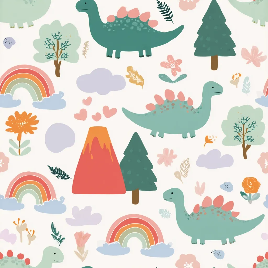 A whimsical, repeating pattern features adorable cartoon dinosaurs in teal and pink, alongside rainbows, clouds, volcanoes, trees, and flowers.  The style is playful and childlike, perfect for fabric, wallpaper, or children's products. Pastel colors and simple shapes create a sweet and charming design.  The overall aesthetic is gentle and happy.