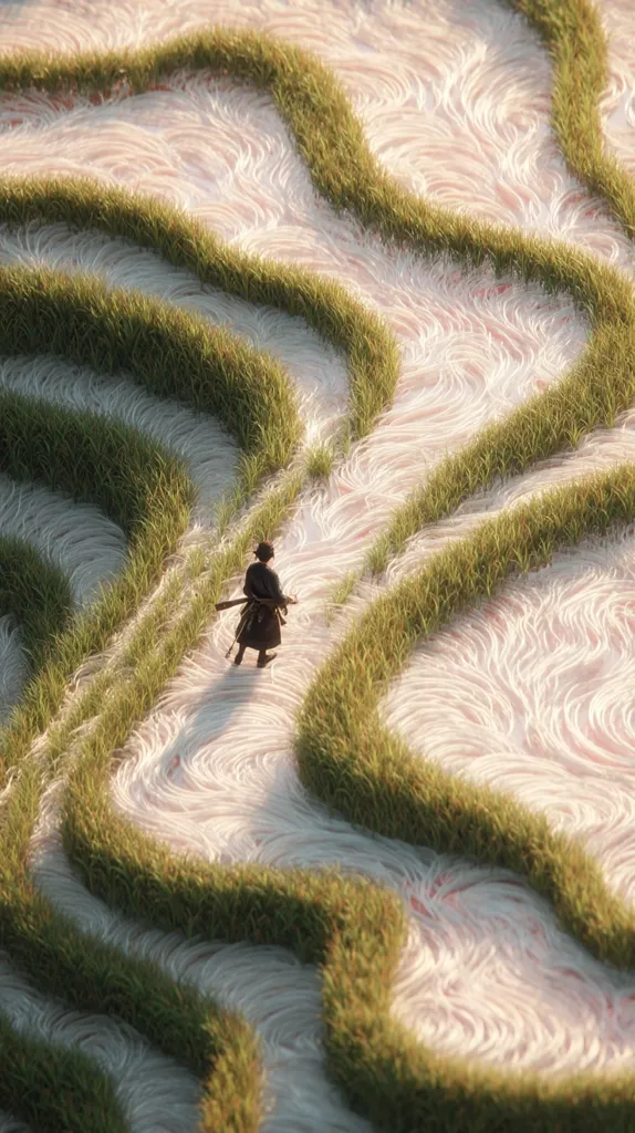 A lone figure, dressed in dark clothing reminiscent of a samurai, walks along a path.  The path winds through surreal, undulating rice paddies.  The rice paddies are a soft, light pink and cream, contrasting with the vibrant green of the grass bordering the paths.  The scene evokes a sense of serenity and mystery.  The overall aesthetic is digitally rendered and fantastical.