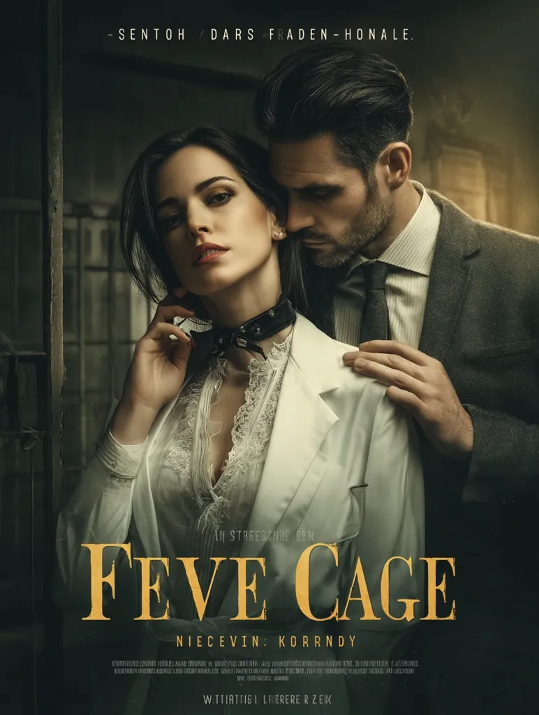 A film poster for "Feve Cage" features a captivating couple. A woman in a white coat is intimately embraced by a man in a suit. The mood is dark and mysterious, set against a dimly lit background.  The title is prominently displayed in a stylized font. The poster evokes a sense of intrigue and suspense.