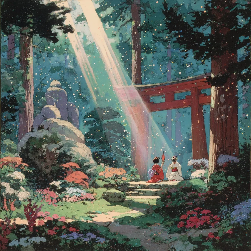 Sunlight streams through a lush forest, illuminating a serene scene. Two figures in traditional Japanese attire sit before a vibrant red torii gate, nestled amongst flowering plants and moss-covered stones.  A stone statue is partially visible in the background, adding to the mystical ambiance.  The overall impression is one of tranquility and spiritual significance.