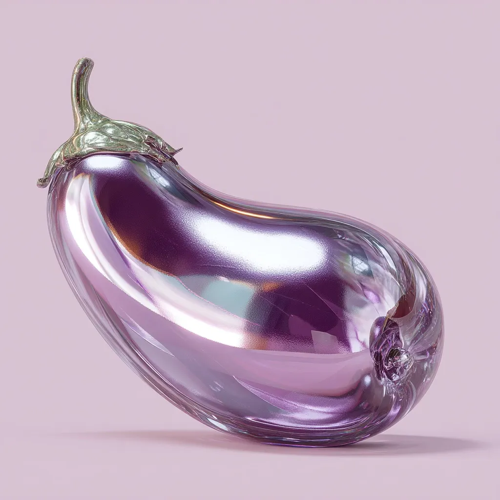 A highly polished, iridescent purple eggplant sits on a pale pink background.  The eggplant's skin reflects light, creating a shimmering effect. The stem is a metallic silver-green. The image is a stylized, almost surreal representation of the vegetable, emphasizing its form and texture.