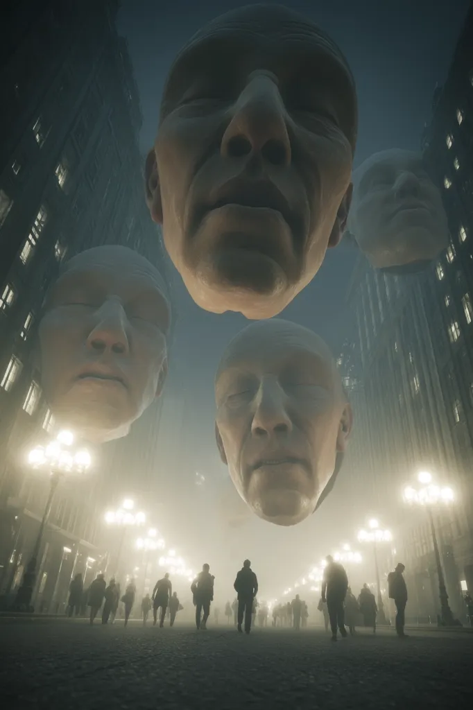 Giant, serene faces hover above a fog-shrouded city street at night.  The faces, seemingly sculpted from stone, are expressionless yet somehow watchful.  Below, anonymous figures walk along the street, dwarfed by the immense scale of the overhead sculptures. Streetlights cast a dim glow on the scene, creating an eerie, surreal atmosphere. The overall image evokes a feeling of quiet contemplation and unsettling grandeur.