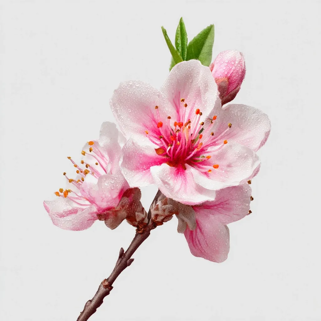 A delicate branch of peach blossoms, adorned with dew drops, is captured against a soft gray backdrop.  Two fully bloomed flowers, a vibrant pink with a darker pink center, dominate the image. Smaller, unopened buds and fresh green leaves complete the spring scene, showcasing the beauty of nature's detail.  The blossoms' petals exhibit a subtle translucence.