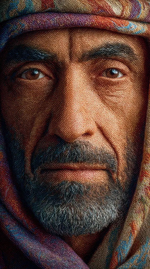 Close-up portrait of an older man with weathered skin and a salt-and-pepper beard.  He's wearing a patterned headscarf in rich jewel tones of purple, orange, and brown.  His eyes are deep-set and gaze directly at the viewer, conveying a sense of age, wisdom, and perhaps weariness.  The texture of both his skin and the fabric is highly detailed.