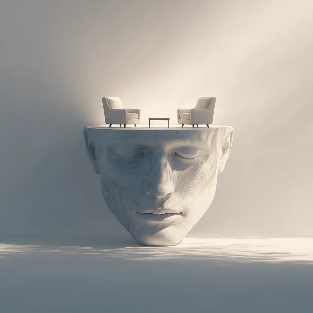 A serene image depicts a large, sculpted head with eyes closed, atop which sits a miniature scene: two armchairs facing each other across a small coffee table.  The minimalist aesthetic and soft lighting create a contemplative atmosphere, suggesting introspection, inner peace, or the space for internal dialogue and self-reflection. The contrast between the monumental head and the small furniture emphasizes the scale of inner life.