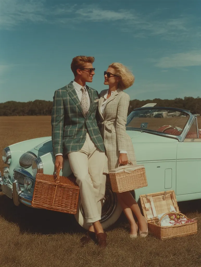 A stylish couple, dressed in retro 1950s attire, stand affectionately beside a mint-green convertible.  He wears a plaid jacket and she a light beige suit.  They hold wicker picnic baskets, suggesting a romantic outing. The scene is set in a sun-drenched field under a clear blue sky, evoking a nostalgic and idyllic mood.