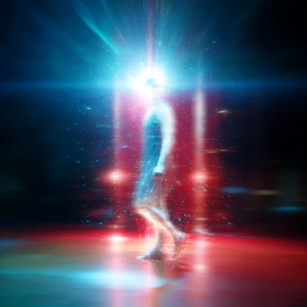 A translucent, human-like figure walks through a vibrant, otherworldly portal.  Surrounding the figure is a swirling mix of blue and red light, creating a dynamic, almost ethereal effect.  The background is dark, speckled with light particles, suggesting a cosmic or energy-filled space.  The overall impression is one of transition, transformation, or perhaps interdimensional travel.