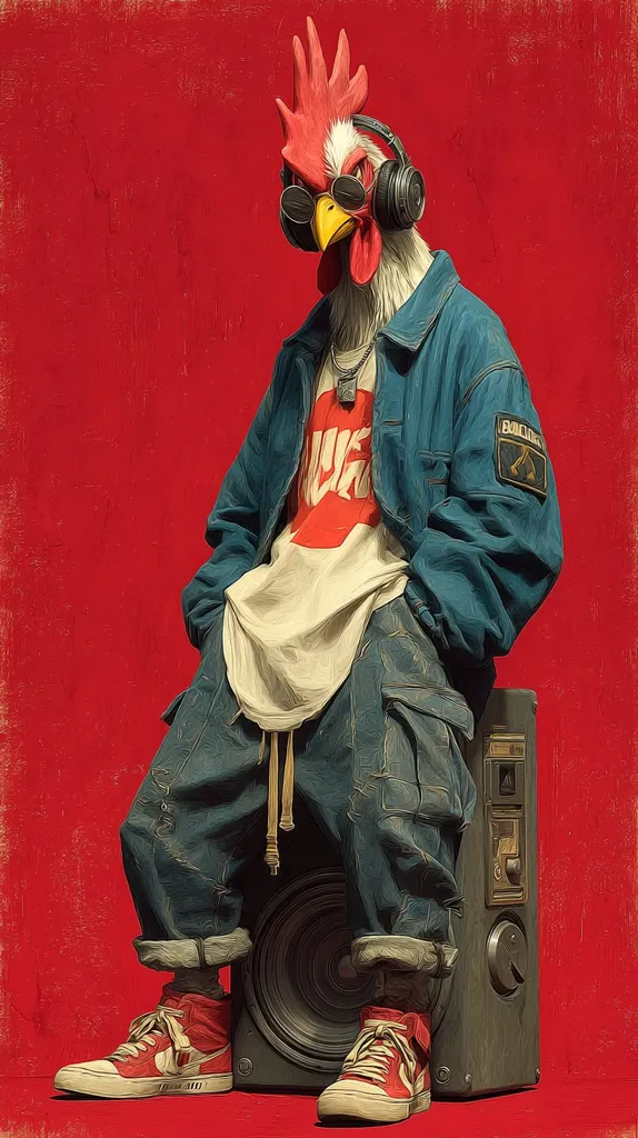 A stylized illustration depicts a rooster wearing sunglasses and headphones, dressed in streetwear.  The rooster sits casually atop a boombox, its attire including a denim jacket, loose pants, and red sneakers. The background is a bold, textured red. The overall style blends realism with a cartoonish flair, creating a humorous and unique image.
